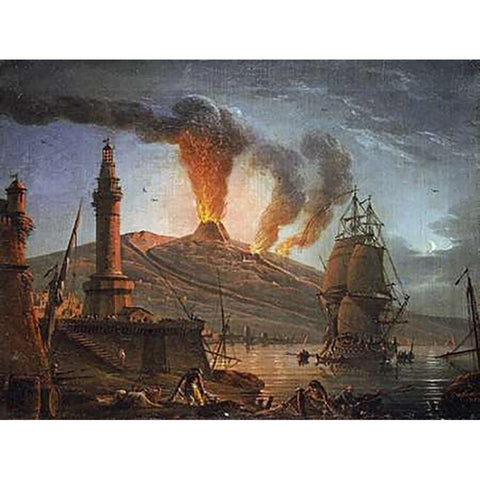 Eruption of Vesuvius at Night Gold Ornate Wood Framed Art Print with Double Matting by Grenier, Charles-Francois