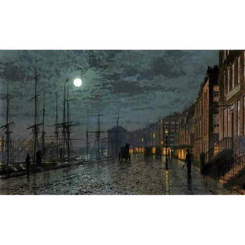 City Docks By Moonlight Black Modern Wood Framed Art Print with Double Matting by Grimshaw, John Atkinson