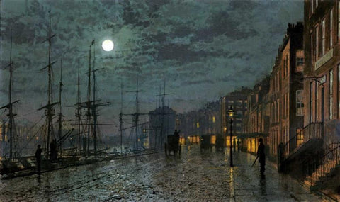 City Docks By Moonlight White Modern Wood Framed Art Print with Double Matting by Grimshaw, John Atkinson