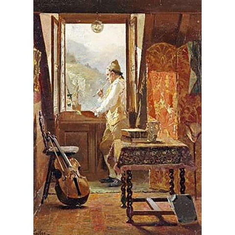 At The Window Gold Ornate Wood Framed Art Print with Double Matting by Grison, Francois Adolphe