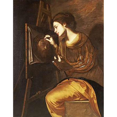 A Female Artist Painting The Image of The Sudarium Gold Ornate Wood Framed Art Print with Double Matting by Guarino, Francesco