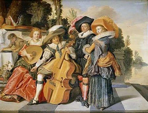 Elegant Figures Making Music Black Ornate Wood Framed Art Print with Double Matting by Hals, Dirck