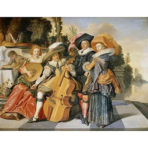 Elegant Figures Making Music White Modern Wood Framed Art Print by Hals, Dirck