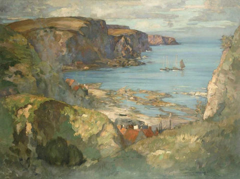 An East Coast Fishing Village White Modern Wood Framed Art Print with Double Matting by Hamilton, James Whitelaw