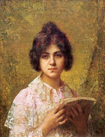 Young Woman Holding a Book Black Ornate Wood Framed Art Print with Double Matting by Harlamoff, Alexei Alexeiewitsch