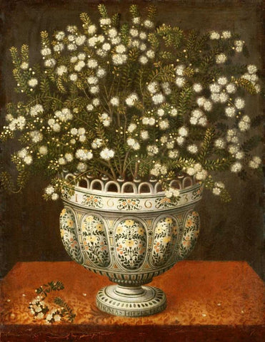 Myrtle In a Vase On a Draped Ledge Black Ornate Wood Framed Art Print with Double Matting by Hiepes, Tomas