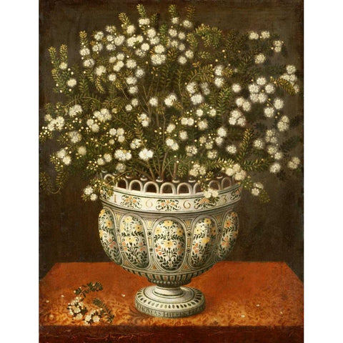 Myrtle In a Vase On a Draped Ledge Black Modern Wood Framed Art Print by Hiepes, Tomas