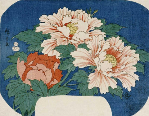 Three Stems of Peonies Black Ornate Wood Framed Art Print with Double Matting by Hiroshige