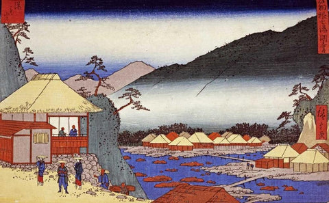 Seven Hot Springs at Hakone Black Ornate Wood Framed Art Print with Double Matting by Hiroshige