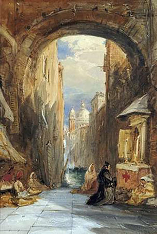 Venice: An Edicola Beneath An Archway Black Ornate Wood Framed Art Print with Double Matting by Holland, James