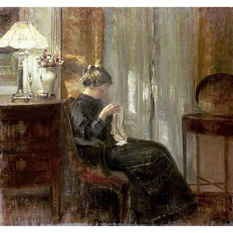 A Woman Sewing In An Interior White Modern Wood Framed Art Print by Holsoe, Carl