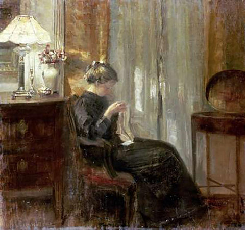 A Woman Sewing In An Interior White Modern Wood Framed Art Print with Double Matting by Holsoe, Carl