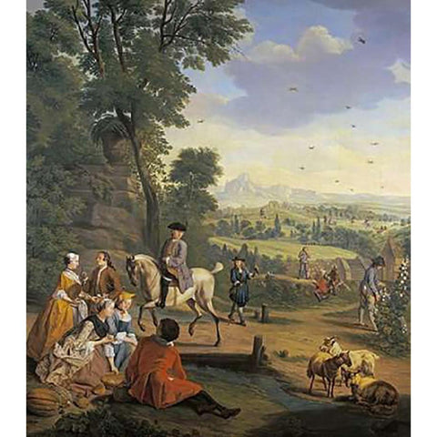 An Elegant Hawking Party Resting In a Park White Modern Wood Framed Art Print by Horemans, Jan Josef