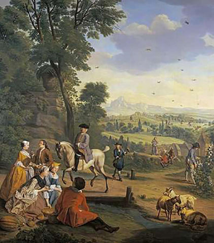 An Elegant Hawking Party Resting In a Park Black Ornate Wood Framed Art Print with Double Matting by Horemans, Jan Josef