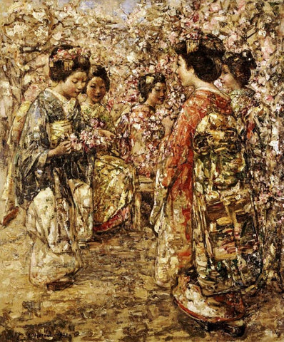 Five Japanese Girls Among Blossoming Trees White Modern Wood Framed Art Print with Double Matting by Hornel, Edward Atkinson