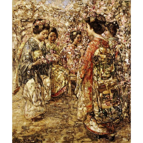Five Japanese Girls Among Blossoming Trees Black Modern Wood Framed Art Print by Hornel, Edward Atkinson