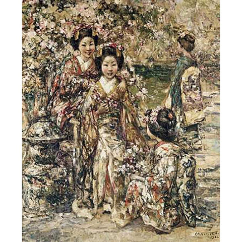 In a Kyoto Garden White Modern Wood Framed Art Print by Hornel, Edward Atkinson