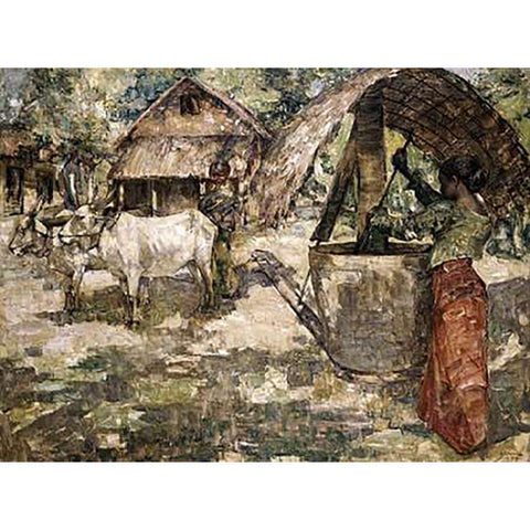 Milling Grain, Ceylon White Modern Wood Framed Art Print by Hornel, Edward Atkinson