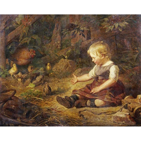 Feeding The Chickens White Modern Wood Framed Art Print by Hornemann, Hans Adolf