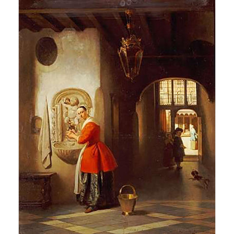 A Maid In a Hallway Gold Ornate Wood Framed Art Print with Double Matting by Van Hove, Hubertus