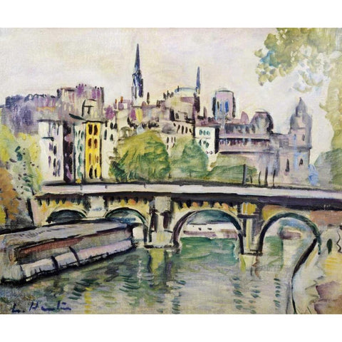 Le Pont Neuf, Paris Gold Ornate Wood Framed Art Print with Double Matting by Hunter, George Leslie