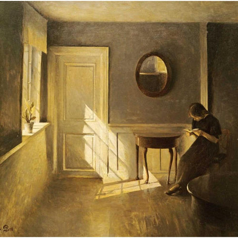 A Girl Reading In An Interior Gold Ornate Wood Framed Art Print with Double Matting by Iisted, Peter