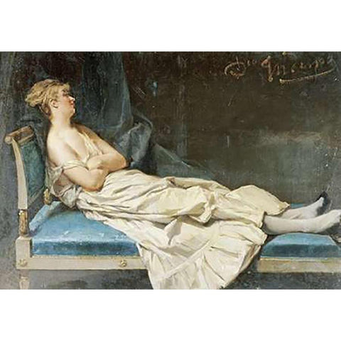 A Lady Reclining On a Chaise Longue White Modern Wood Framed Art Print by Induno, Domenico