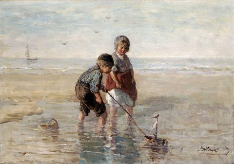 Children Playing By The Seaside White Modern Wood Framed Art Print with Double Matting by Israels, Jozef