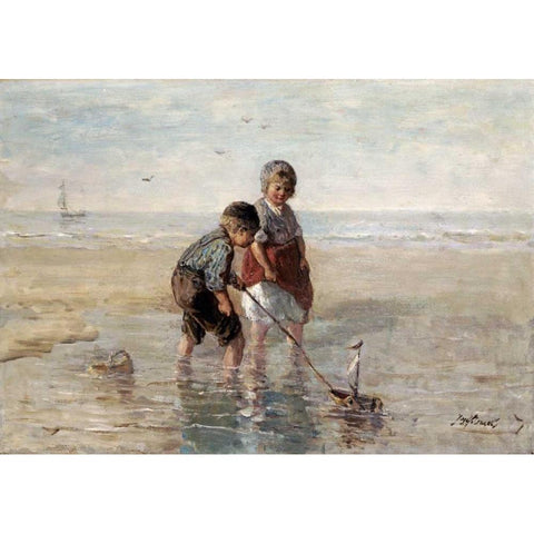 Children Playing By The Seaside Black Modern Wood Framed Art Print by Israels, Jozef