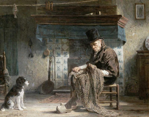 Mending The Nets White Modern Wood Framed Art Print with Double Matting by Israels, Jozef