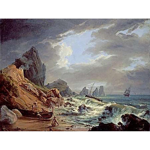 A Rocky Coastal Landscape Black Modern Wood Framed Art Print with Double Matting by Italian School