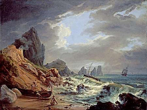 A Rocky Coastal Landscape Black Ornate Wood Framed Art Print with Double Matting by Italian School