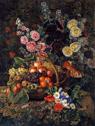 A Still Life of Flowers and a Basket of Fruit Black Ornate Wood Framed Art Print with Double Matting by Jensen, Johan Laurents