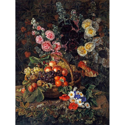 A Still Life of Flowers and a Basket of Fruit White Modern Wood Framed Art Print by Jensen, Johan Laurents