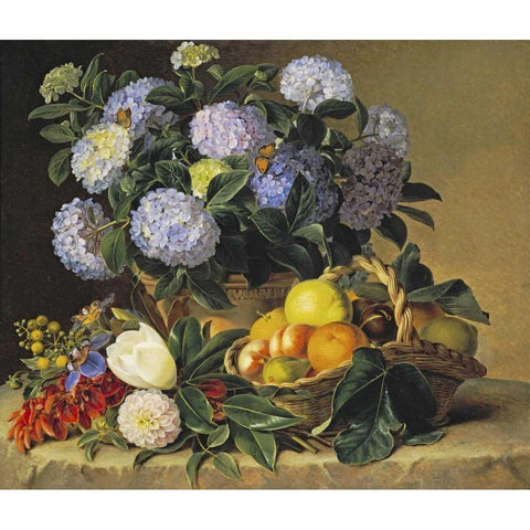 Hydrangea In An Urn Black Modern Wood Framed Art Print with Double Matting by Jensen, Johan Laurents