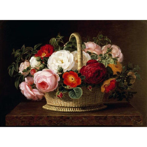 Roses In a Basket On a Ledge Gold Ornate Wood Framed Art Print with Double Matting by Jensen, Johan Laurents