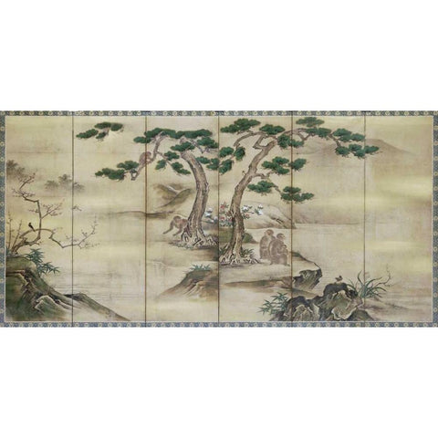 Birds, Flowers and Monkeys Six-Panel Screen White Modern Wood Framed Art Print by Kano School