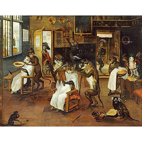 A Singerie: Monkey Barbers Serving Cats Gold Ornate Wood Framed Art Print with Double Matting by Van Kessel, Jan