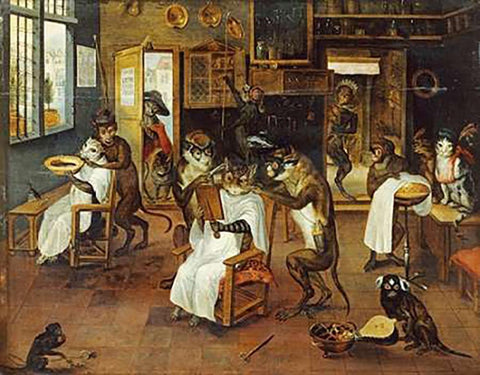 A Singerie: Monkey Barbers Serving Cats White Modern Wood Framed Art Print with Double Matting by Van Kessel, Jan