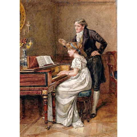 The Music Master Black Modern Wood Framed Art Print with Double Matting by Kilburne, George Goodwin