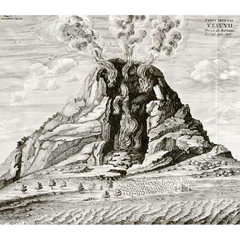 Engraving of Vesuvius Erupting Gold Ornate Wood Framed Art Print with Double Matting by Kircher, Athanasius