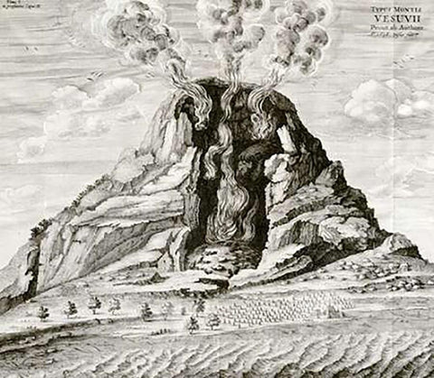 Engraving of Vesuvius Erupting White Modern Wood Framed Art Print with Double Matting by Kircher, Athanasius