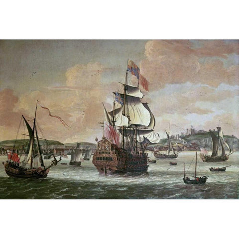 Charles II On Board a Two Decker Man-O-War Gold Ornate Wood Framed Art Print with Double Matting by Knijff, Jacob Knyff