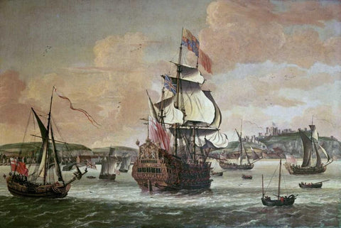 Charles II On Board a Two Decker Man-O-War Black Ornate Wood Framed Art Print with Double Matting by Knijff, Jacob Knyff