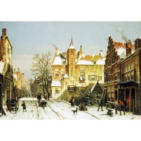 A Dutch Village In Winter White Modern Wood Framed Art Print by Koekkoek, Willem