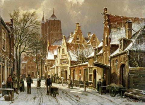 A Winter Street Scene Black Ornate Wood Framed Art Print with Double Matting by Koekkoek, Willem