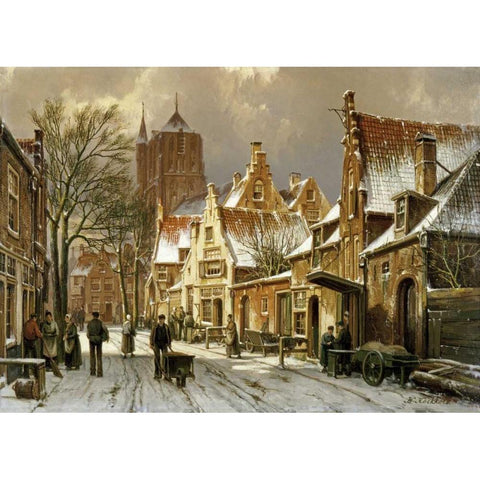 A Winter Street Scene White Modern Wood Framed Art Print by Koekkoek, Willem
