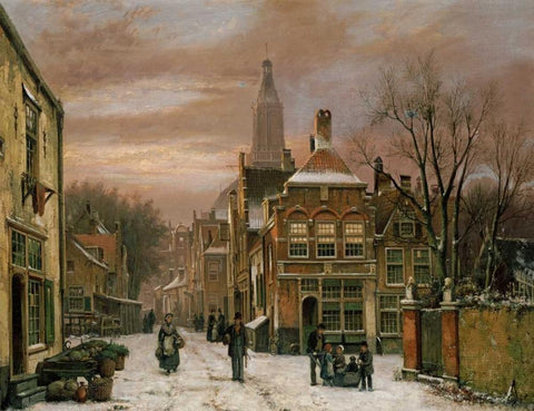 A Wintery Scene Black Ornate Wood Framed Art Print with Double Matting by Koekkoek, Willem