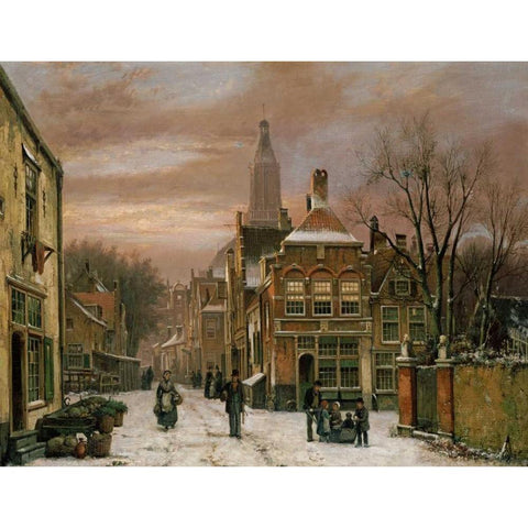 A Wintery Scene Black Modern Wood Framed Art Print with Double Matting by Koekkoek, Willem