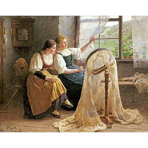 Zwei Madchen Am Strickrahmen Gold Ornate Wood Framed Art Print with Double Matting by Koester, Alexander Max